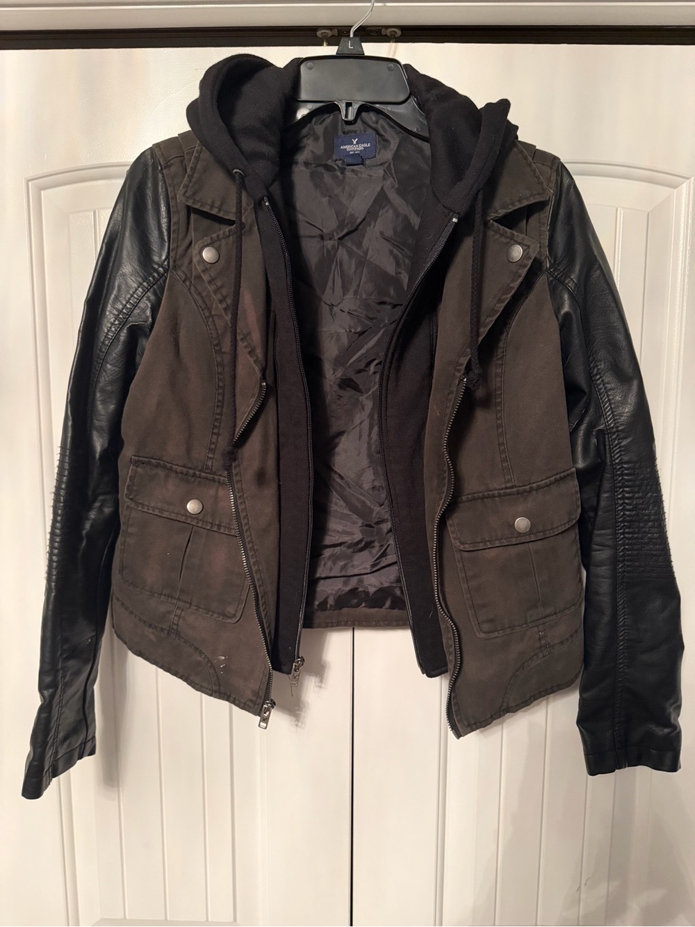 American Eagle Outfitters Black and Dark Green Mixed-Material Hooded Jacket